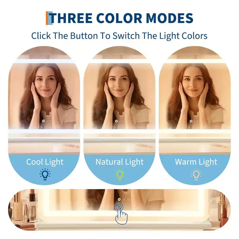 Specchio da trucco a LED color argento, da tavolo, per 1 persona – 30x20 cm, ingrandimento 10x, 3 modalità dimmerabili, controllo touch