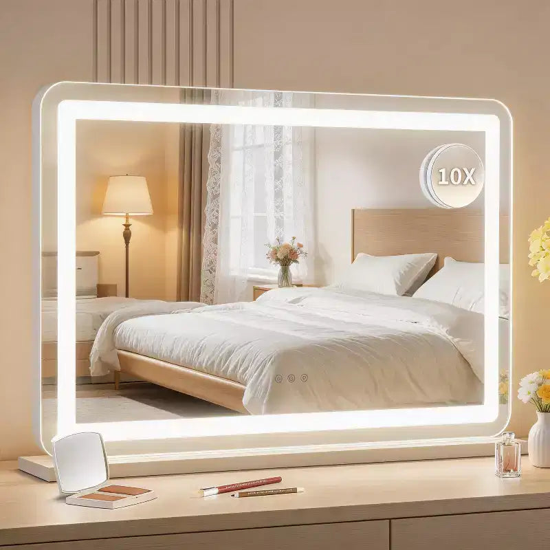 Specchio da trucco a LED color argento, da tavolo, per 1 persona – 30x20 cm, ingrandimento 10x, 3 modalità dimmerabili, controllo touch