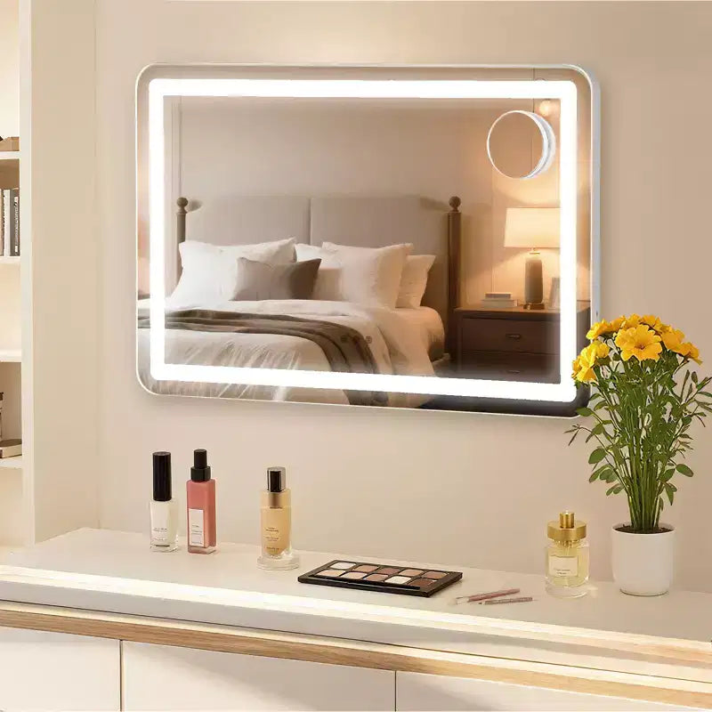 Specchio da trucco a LED color argento, da tavolo, per 1 persona – 30x20 cm, ingrandimento 10x, 3 modalità dimmerabili, controllo touch