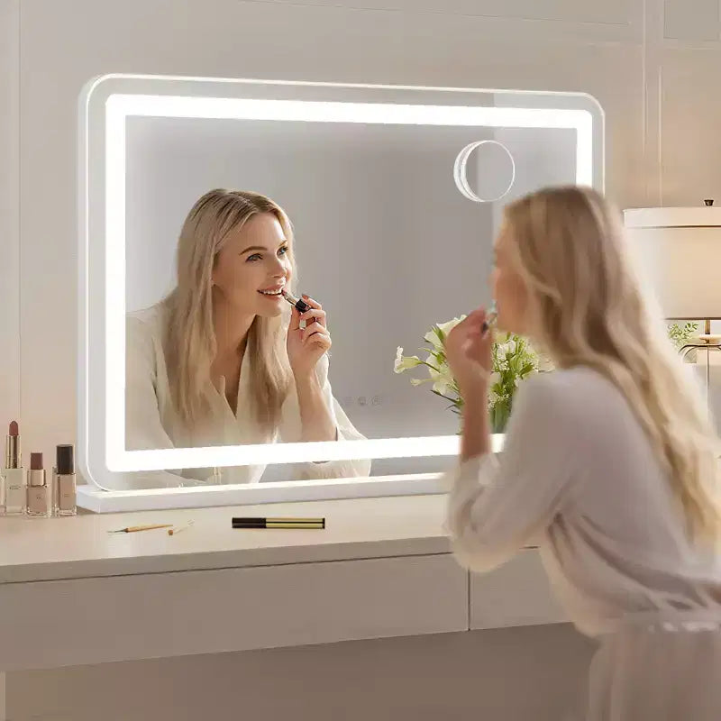 Specchio da trucco a LED color argento, da tavolo, per 1 persona – 30x20 cm, ingrandimento 10x, 3 modalità dimmerabili, controllo touch
