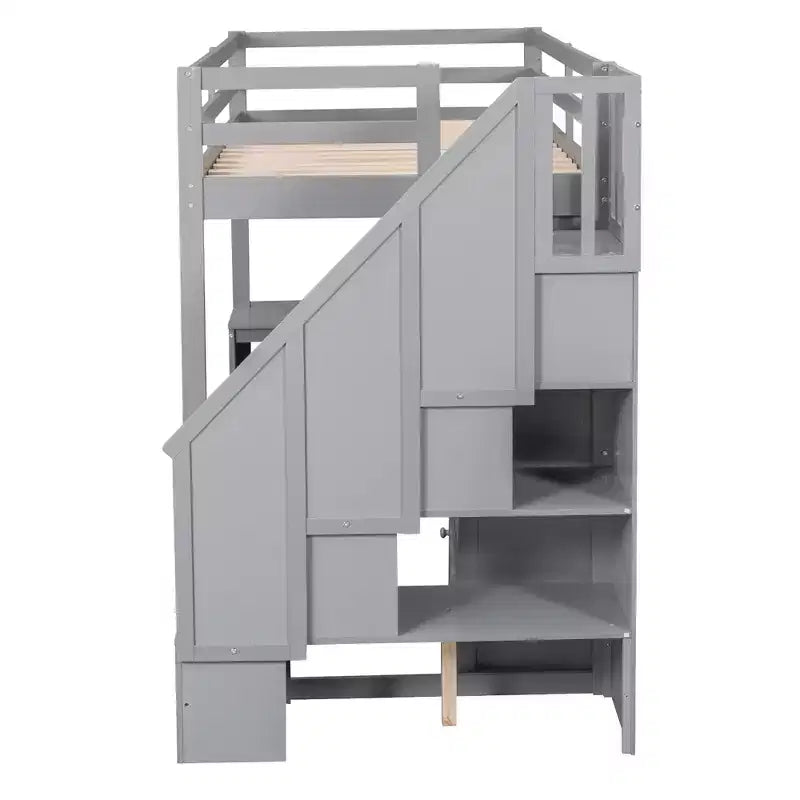 Letto a soppalco singolo con scrivania a L e scala contenitore, grigio/bianco, 1 persona