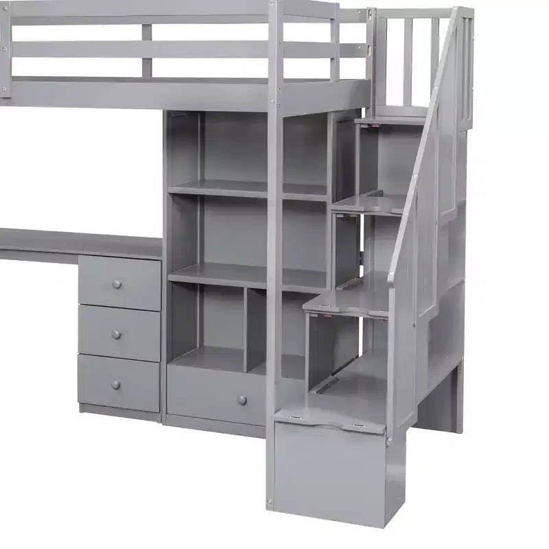 Letto a soppalco singolo con scrivania a L e scala contenitore, grigio/bianco, 1 persona