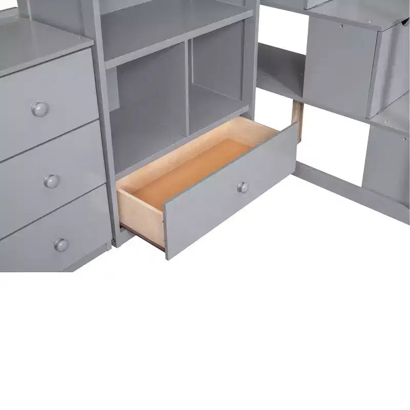 Letto a soppalco singolo con scrivania a L e scala contenitore, grigio/bianco, 1 persona