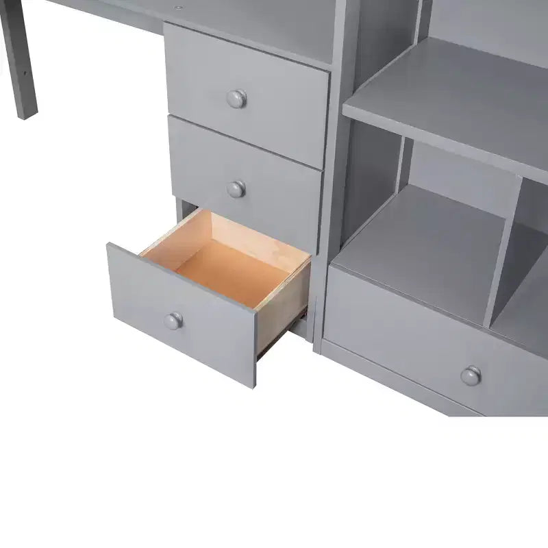 Letto a soppalco singolo con scrivania a L e scala contenitore, grigio/bianco, 1 persona