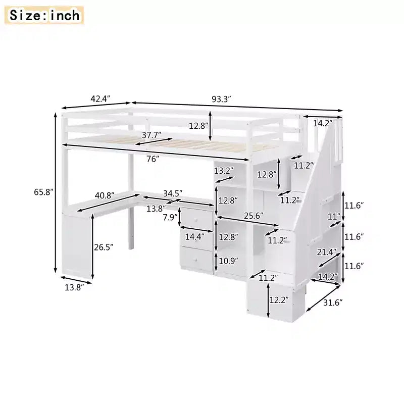 Letto a soppalco singolo con scrivania a L e scala contenitore, grigio/bianco, 1 persona