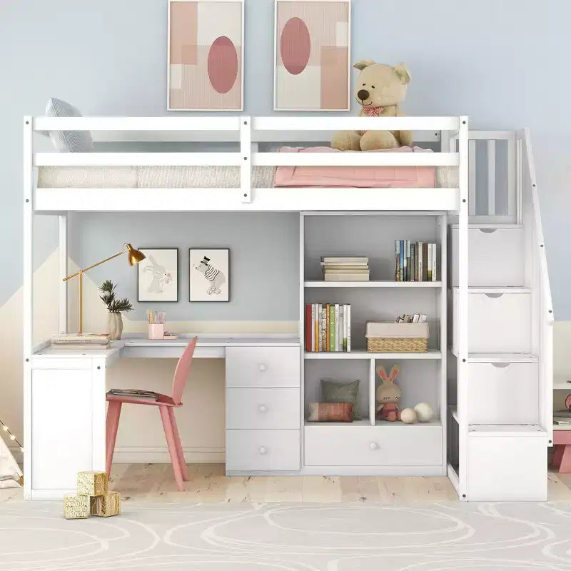Letto a soppalco singolo con scrivania a L e scala contenitore, grigio/bianco, 1 persona