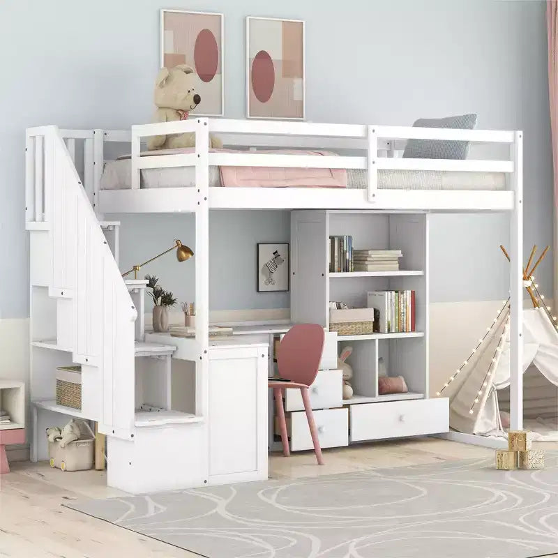 Letto a soppalco singolo con scrivania a L e scala contenitore, grigio/bianco, 1 persona