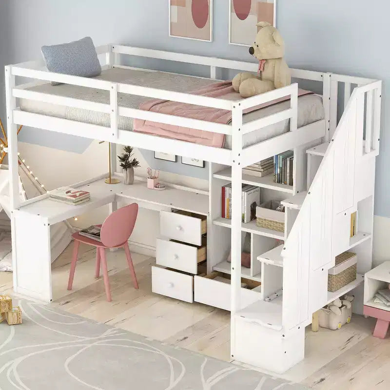 Letto a soppalco singolo con scrivania a L e scala contenitore, grigio/bianco, 1 persona