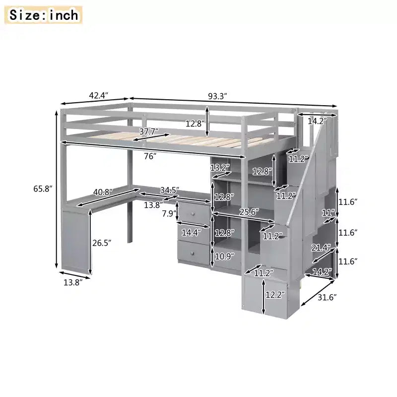 Letto a soppalco singolo con scrivania a L e scala contenitore, grigio/bianco, 1 persona
