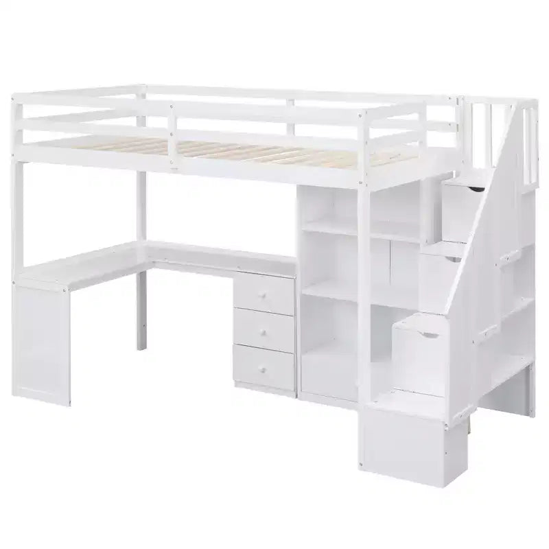 Letto a soppalco singolo con scrivania a L e scala contenitore, grigio/bianco, 1 persona