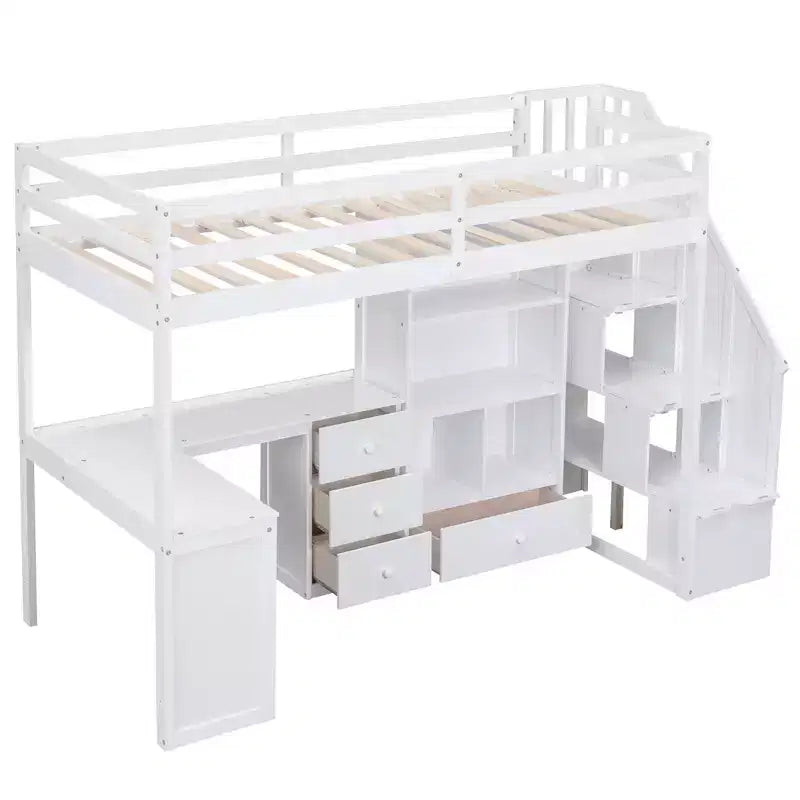 Letto a soppalco singolo con scrivania a L e scala contenitore, grigio/bianco, 1 persona