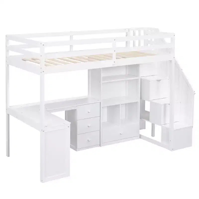 Letto a soppalco singolo con scrivania a L e scala contenitore, grigio/bianco, 1 persona