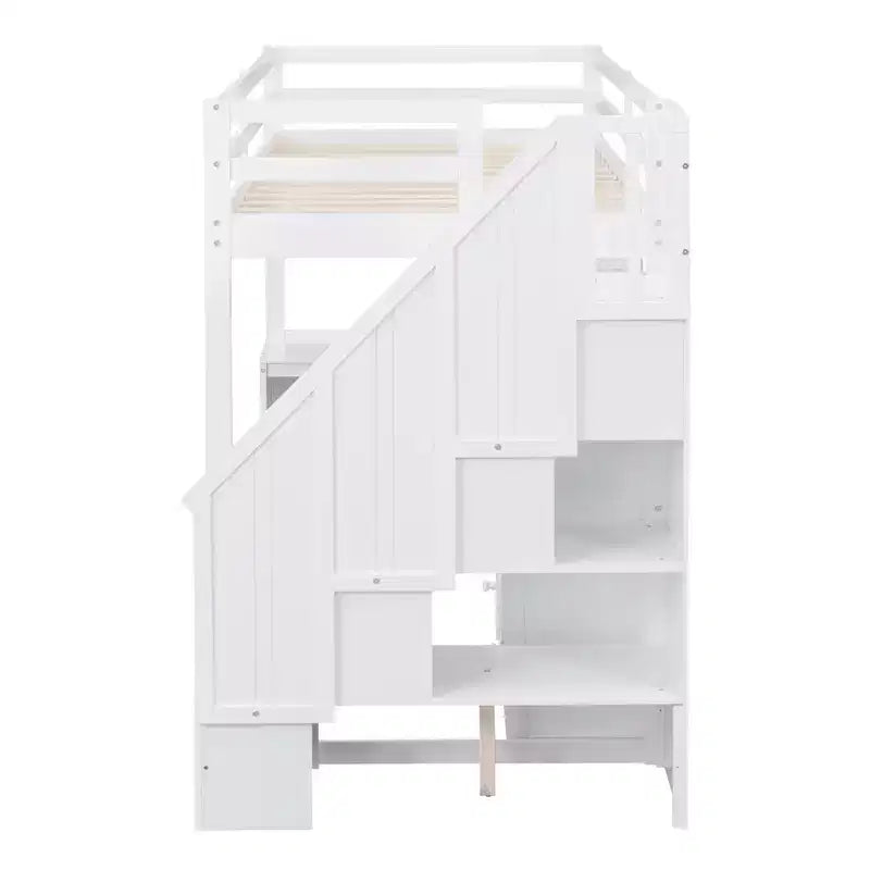 Letto a soppalco singolo con scrivania a L e scala contenitore, grigio/bianco, 1 persona