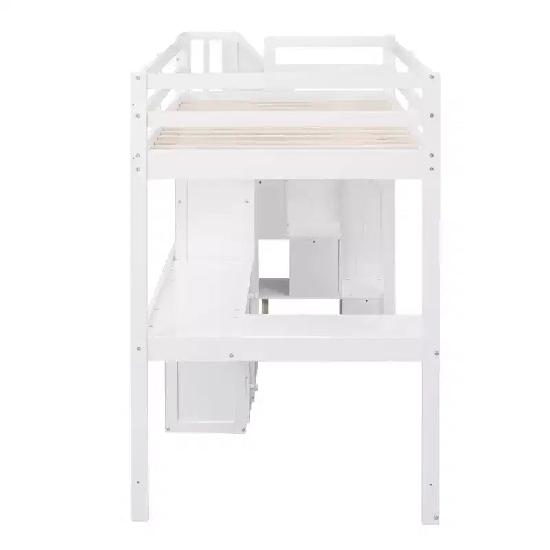 Letto a soppalco singolo con scrivania a L e scala contenitore, grigio/bianco, 1 persona