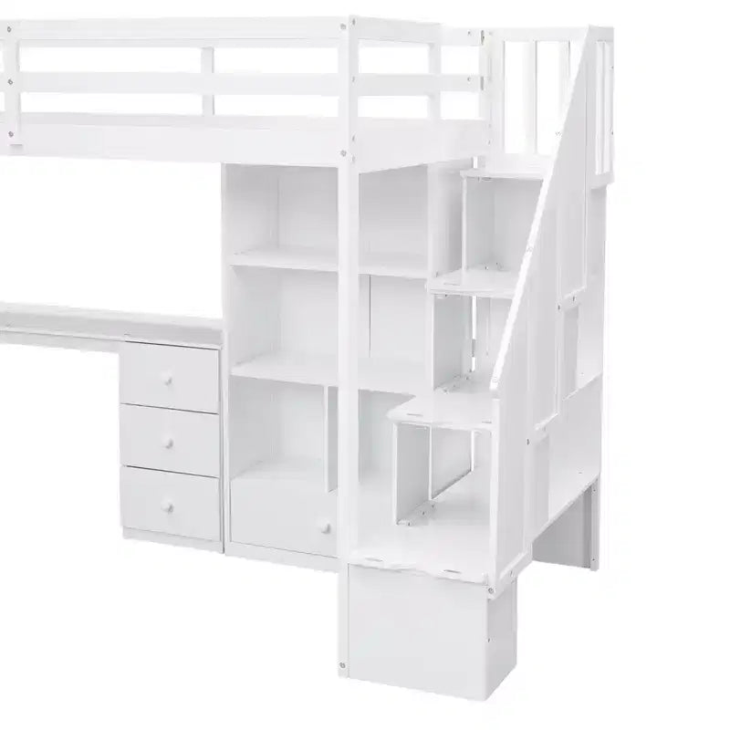 Letto a soppalco singolo con scrivania a L e scala contenitore, grigio/bianco, 1 persona