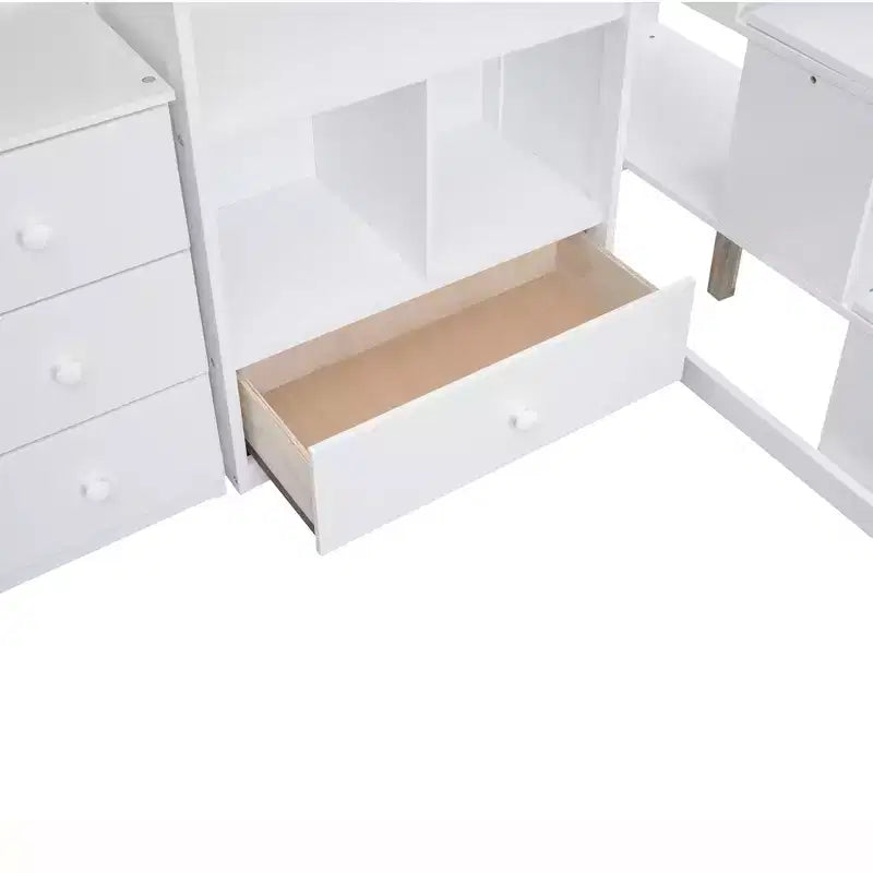Letto a soppalco singolo con scrivania a L e scala contenitore, grigio/bianco, 1 persona