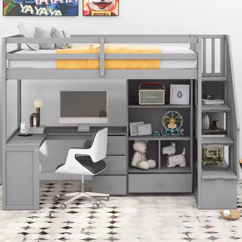 Letto a soppalco singolo con scrivania a L e scala contenitore, grigio/bianco, 1 persona