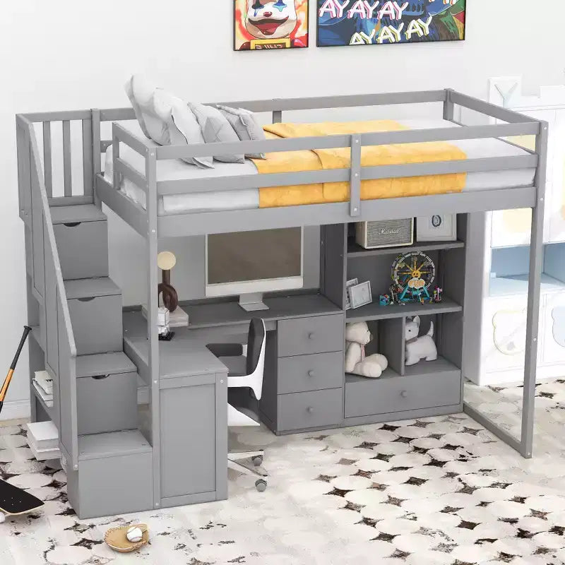 Letto a soppalco singolo con scrivania a L e scala contenitore, grigio/bianco, 1 persona