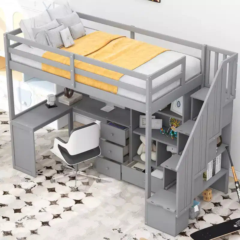 Letto a soppalco singolo con scrivania a L e scala contenitore, grigio/bianco, 1 persona