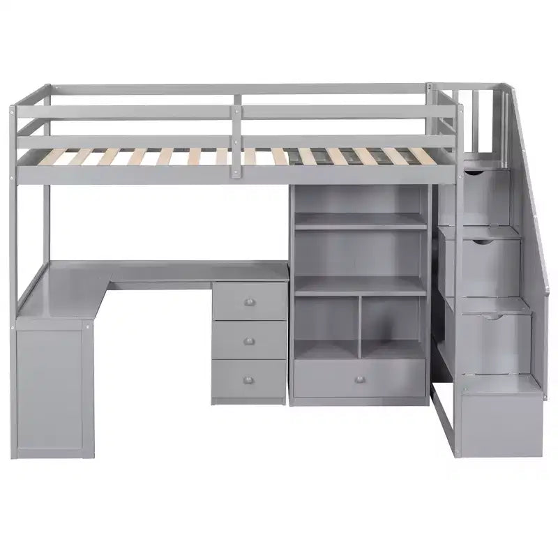 Letto a soppalco singolo con scrivania a L e scala contenitore, grigio/bianco, 1 persona