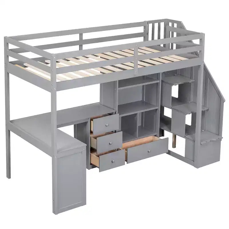 Letto a soppalco singolo con scrivania a L e scala contenitore, grigio/bianco, 1 persona