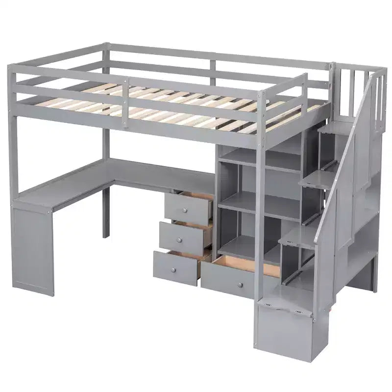 Letto a soppalco singolo con scrivania a L e scala contenitore, grigio/bianco, 1 persona
