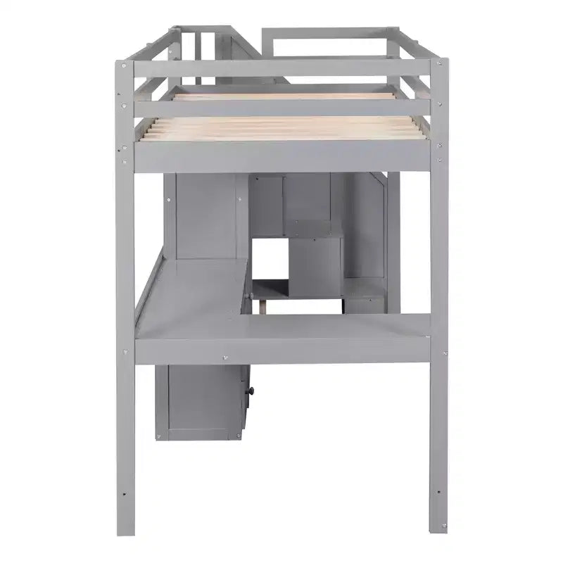 Letto a soppalco singolo con scrivania a L e scala contenitore, grigio/bianco, 1 persona