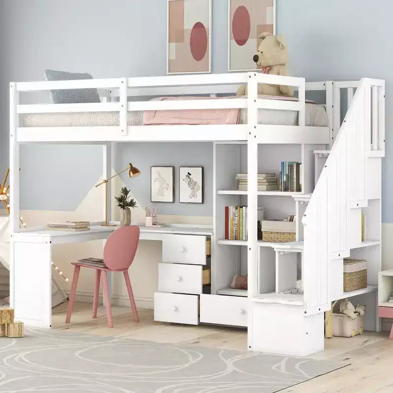 Letto a soppalco singolo con scrivania a L e scala contenitore, grigio/bianco, 1 persona