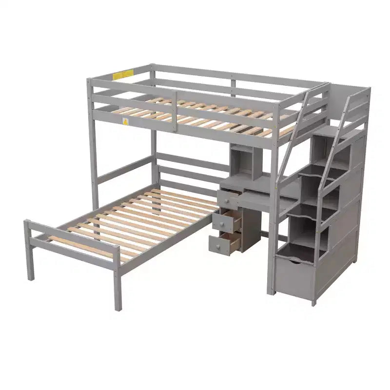 Letto a castello a L con due letti singoli, scrivania, scala e contenitore – Grigio / Bianco, 2 posti letto