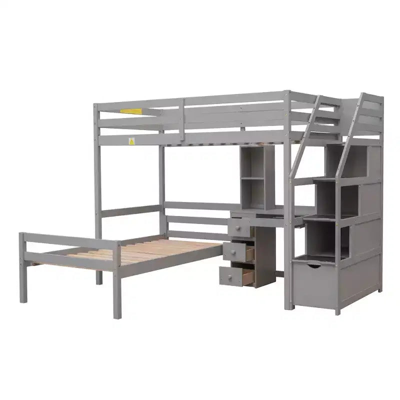 Letto a castello a L con due letti singoli, scrivania, scala e contenitore – Grigio / Bianco, 2 posti letto