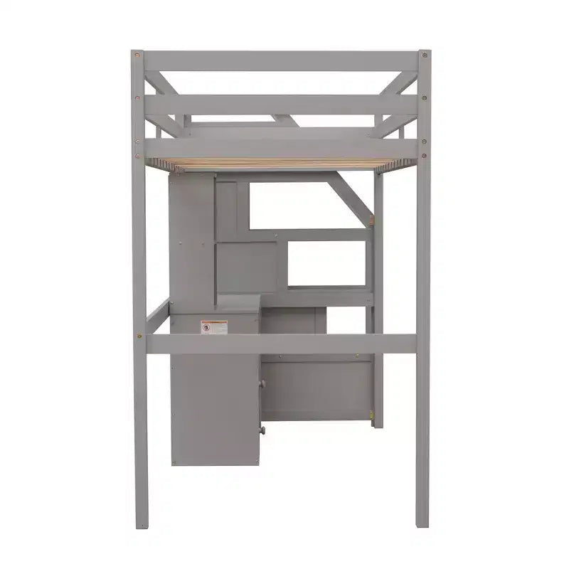 Letto a castello a L con due letti singoli, scrivania, scala e contenitore – Grigio / Bianco, 2 posti letto