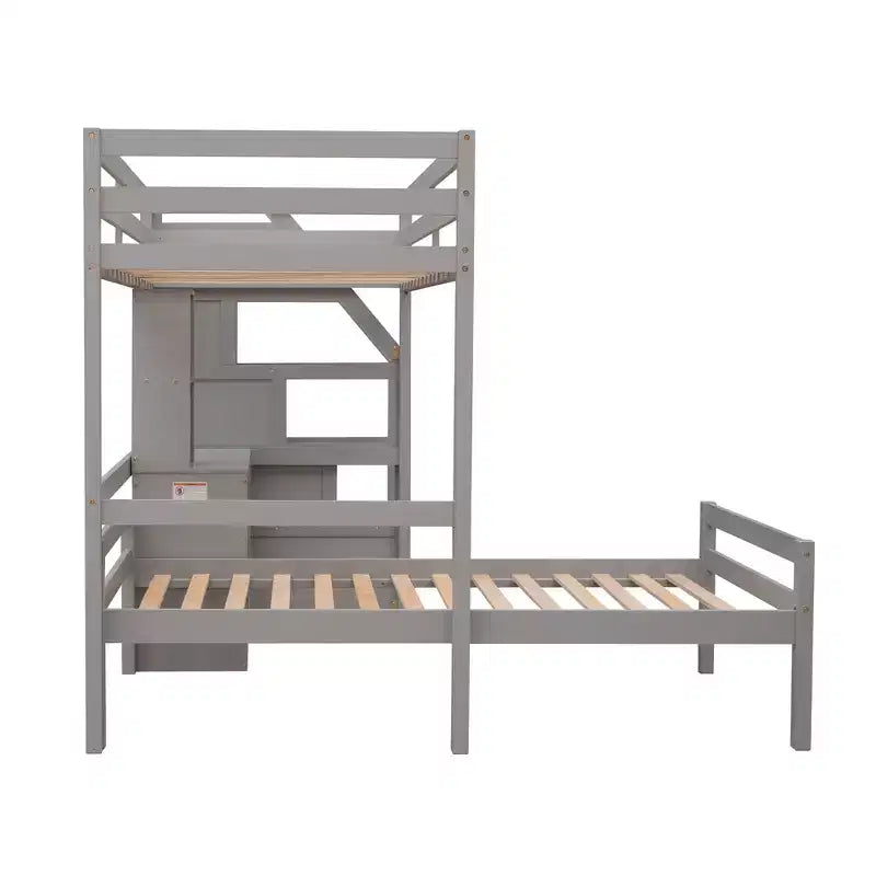Letto a castello a L con due letti singoli, scrivania, scala e contenitore – Grigio / Bianco, 2 posti letto