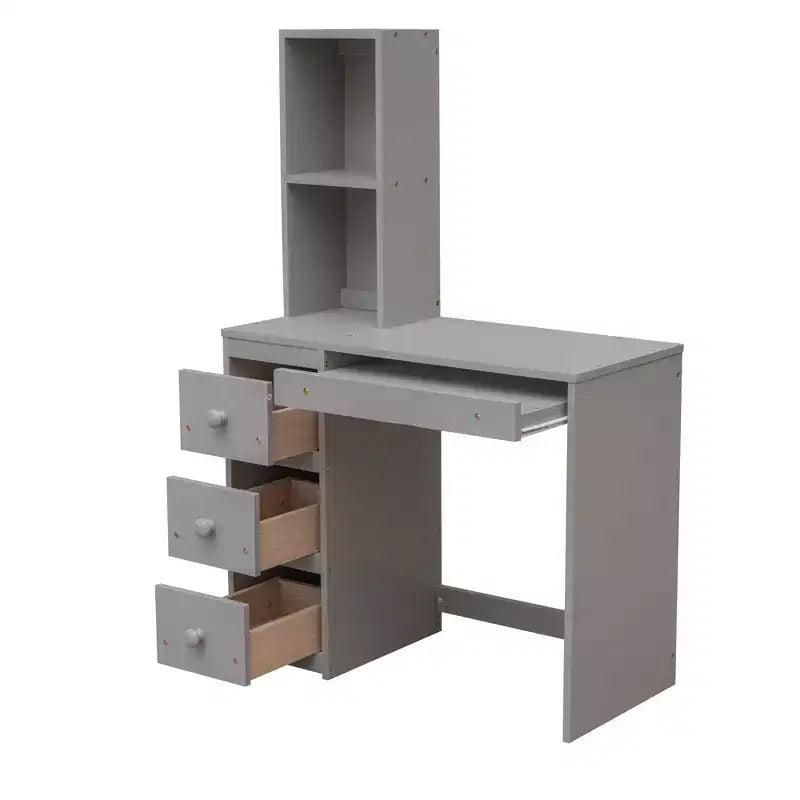 Letto a castello a L con due letti singoli, scrivania, scala e contenitore – Grigio / Bianco, 2 posti letto
