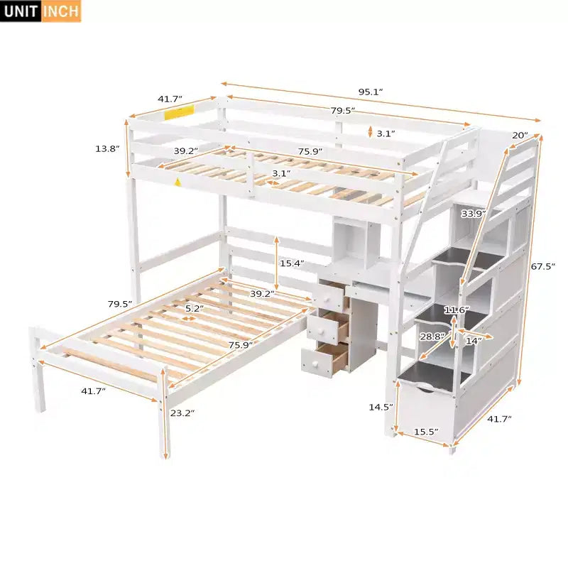 Letto a castello a L con due letti singoli, scrivania, scala e contenitore – Grigio / Bianco, 2 posti letto