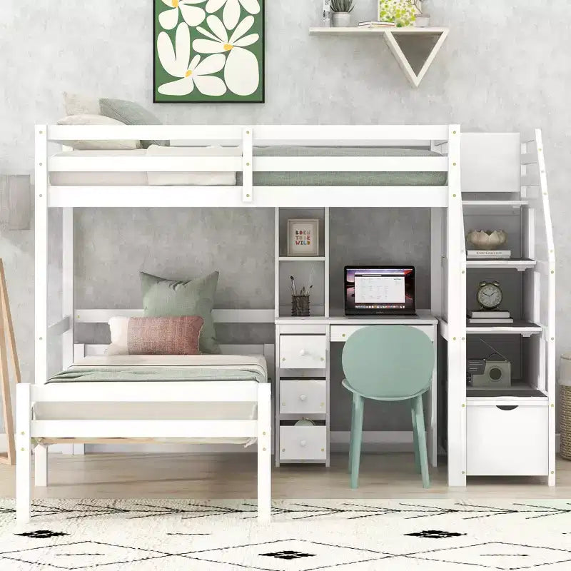 Letto a castello a L con due letti singoli, scrivania, scala e contenitore – Grigio / Bianco, 2 posti letto