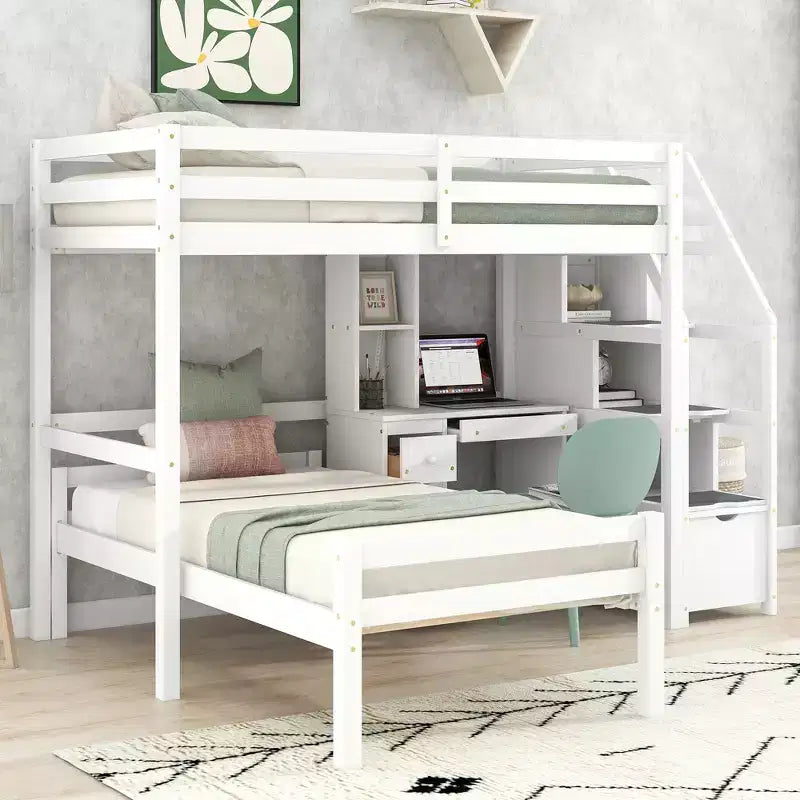 Letto a castello a L con due letti singoli, scrivania, scala e contenitore – Grigio / Bianco, 2 posti letto