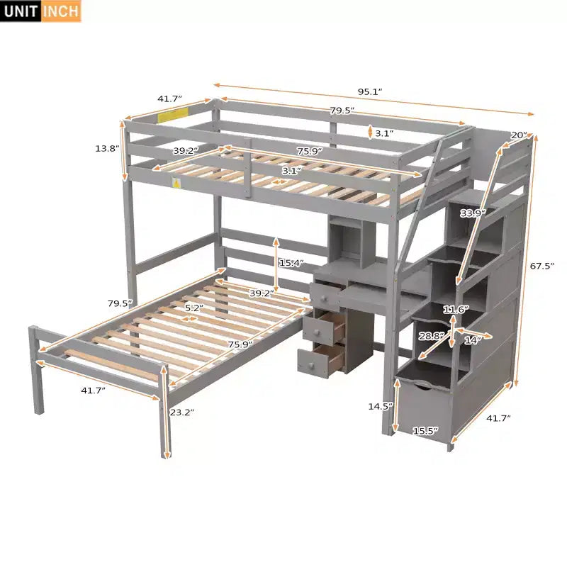 Letto a castello a L con due letti singoli, scrivania, scala e contenitore – Grigio / Bianco, 2 posti letto