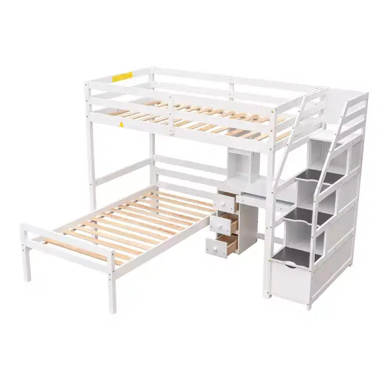 Letto a castello a L con due letti singoli, scrivania, scala e contenitore – Grigio / Bianco, 2 posti letto