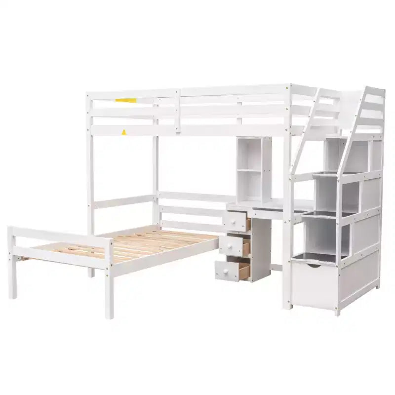 Letto a castello a L con due letti singoli, scrivania, scala e contenitore – Grigio / Bianco, 2 posti letto