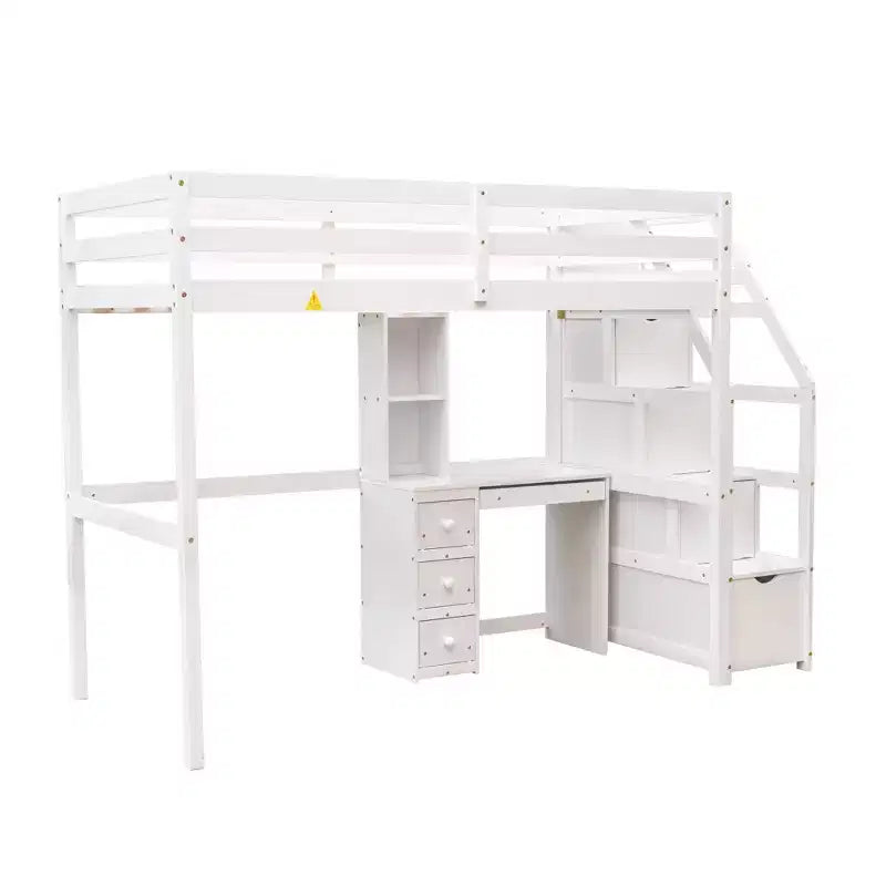 Letto a castello a L con due letti singoli, scrivania, scala e contenitore – Grigio / Bianco, 2 posti letto