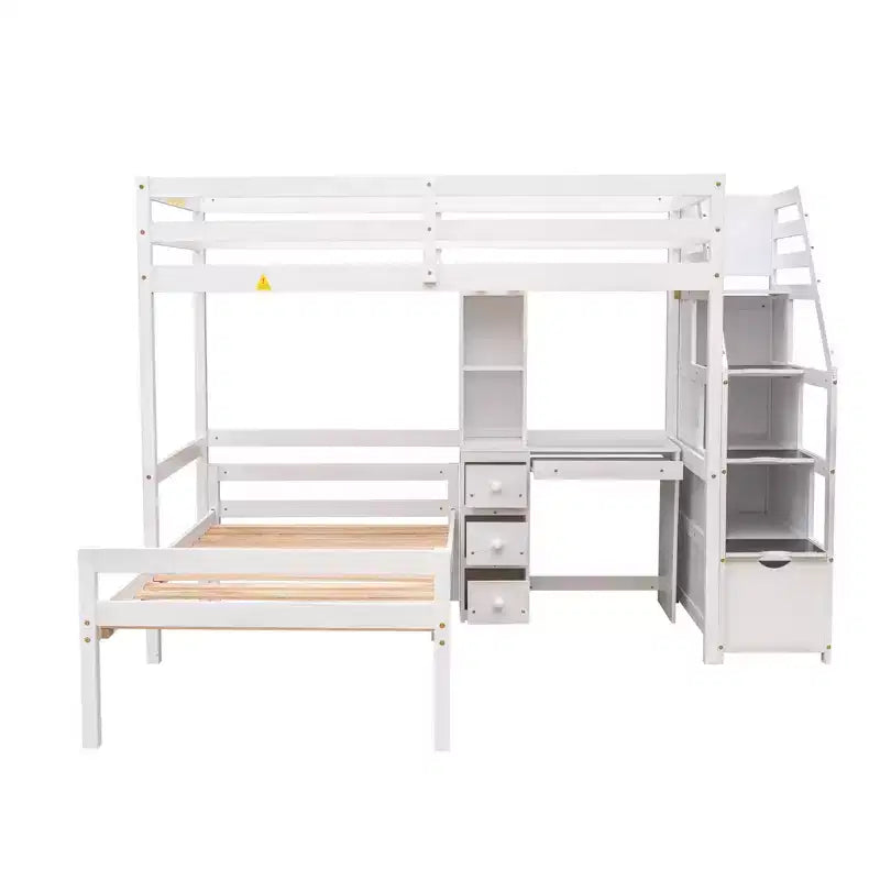 Letto a castello a L con due letti singoli, scrivania, scala e contenitore – Grigio / Bianco, 2 posti letto