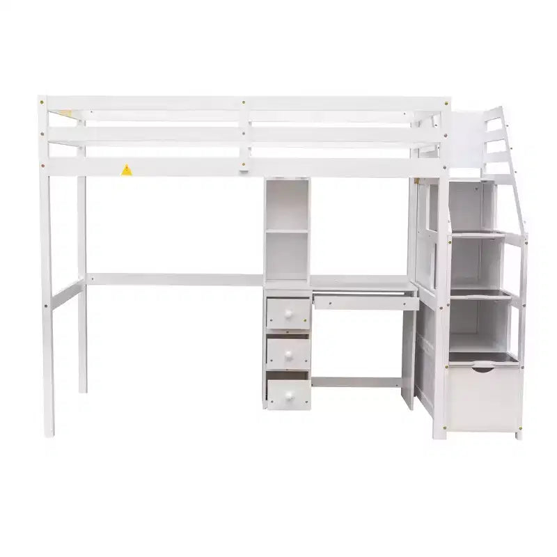 Letto a castello a L con due letti singoli, scrivania, scala e contenitore – Grigio / Bianco, 2 posti letto