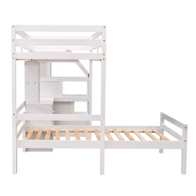 Letto a castello a L con due letti singoli, scrivania, scala e contenitore – Grigio / Bianco, 2 posti letto