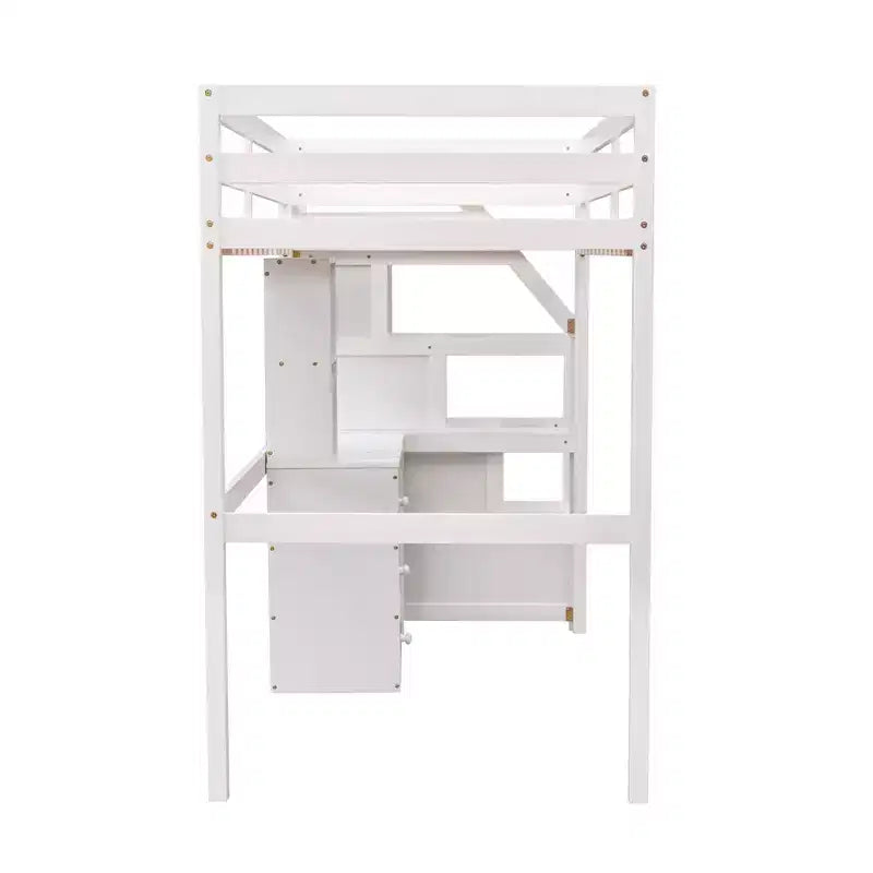 Letto a castello a L con due letti singoli, scrivania, scala e contenitore – Grigio / Bianco, 2 posti letto