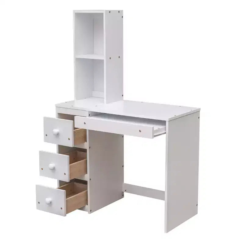 Letto a castello a L con due letti singoli, scrivania, scala e contenitore – Grigio / Bianco, 2 posti letto