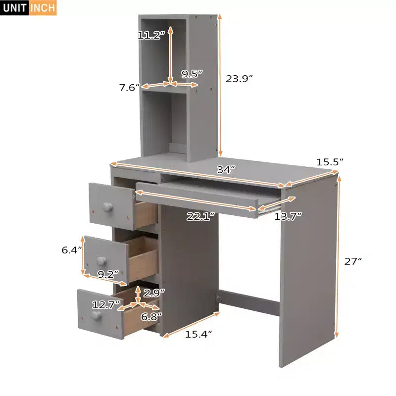 Letto a castello a L con due letti singoli, scrivania, scala e contenitore – Grigio / Bianco, 2 posti letto