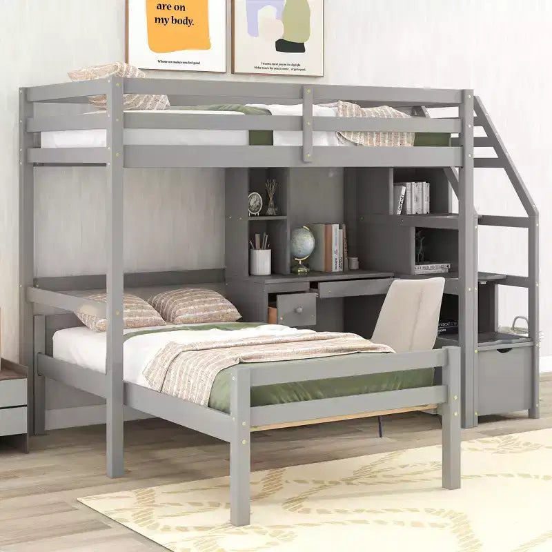 Letto a castello a L con due letti singoli, scrivania, scala e contenitore – Grigio / Bianco, 2 posti letto