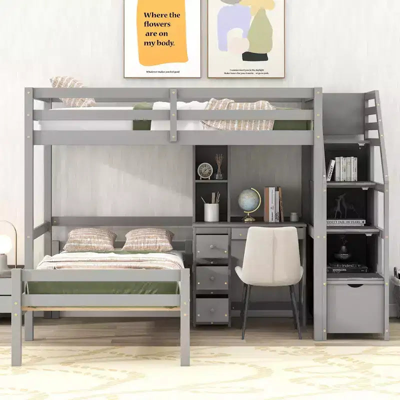 Letto a castello a L con due letti singoli, scrivania, scala e contenitore – Grigio / Bianco, 2 posti letto