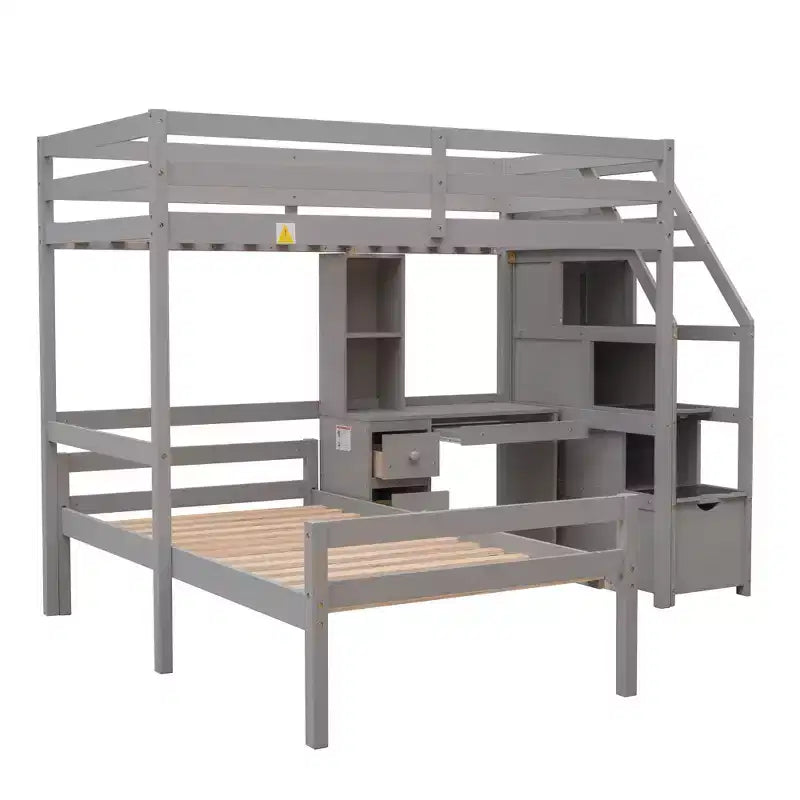 Letto a castello a L con due letti singoli, scrivania, scala e contenitore – Grigio / Bianco, 2 posti letto