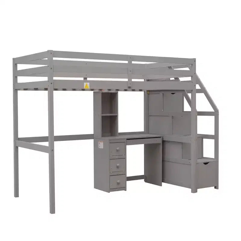 Letto a castello a L con due letti singoli, scrivania, scala e contenitore – Grigio / Bianco, 2 posti letto